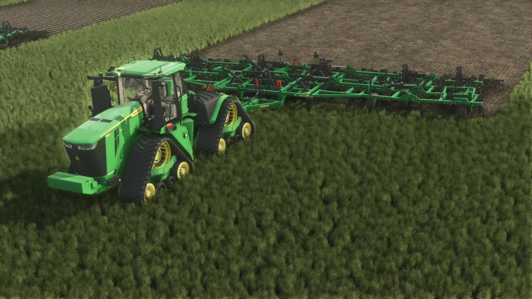 FS25 mod Summers Superchisel CP2050 in action, cultivating a field with a green tractor.