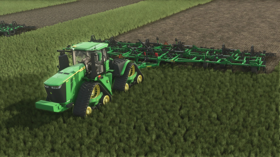 FS25 mod Summers Superchisel CP2050 v1.0.0.0 in action with a tractor on a field.