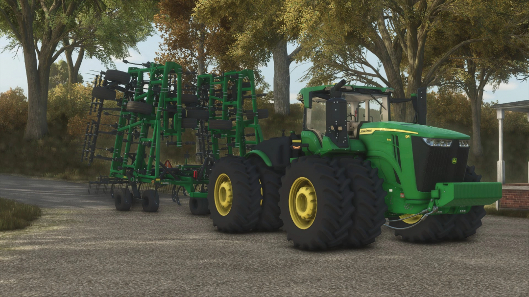 FS25 mod Summers Superchisel CP2050 attached to a green tractor in a forest setting.