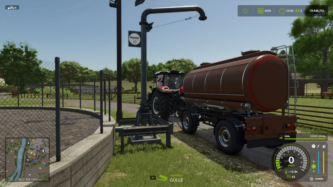 Mods FS25: reboque tanque MKS8 e MKS32 perto de uma estação de carregamento no Farming Simulator 25.