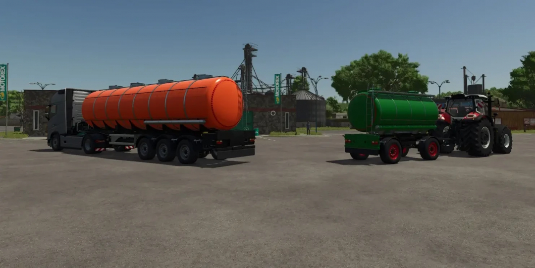 Mods FS25 reboques-tanque MKS8 e MKS32 estacionados em uma fazenda.