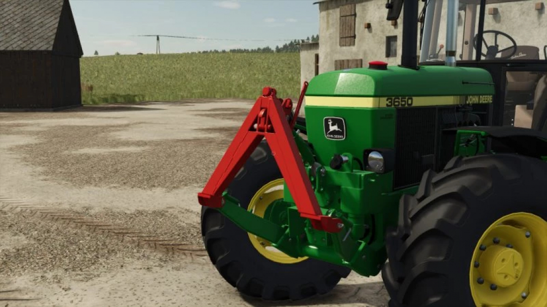 FS25 mod: Tractor Triangle v1.0.0.0 attached to a green John Deere 3650 in Farming Simulator 25.