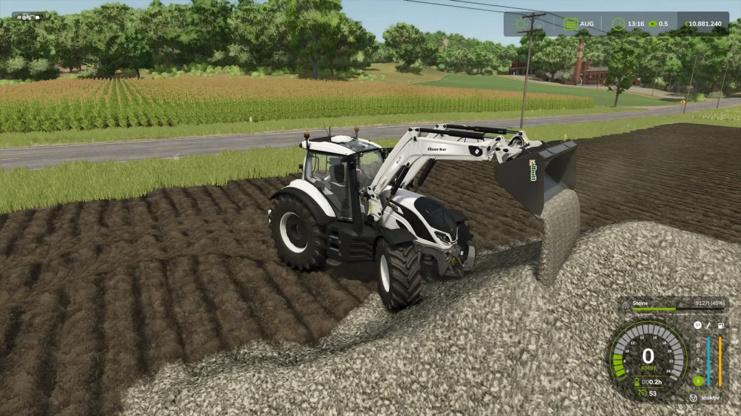 FS25 mod Universal Bucket in use with a tractor, scooping gravel on a farm.