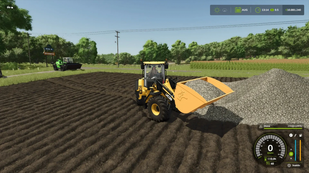 FS25 mod Universal Bucket v1.0.0.0 in use, moving gravel with a loader on a farm field.