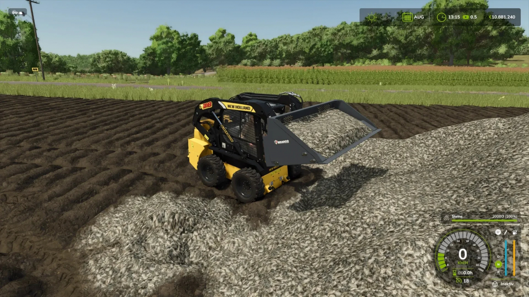 FS25 mod Universal Bucket v1.0.0.0, featuring a skid steer loader in a field with gravel, enhancing Farming Simulator 25 gameplay.