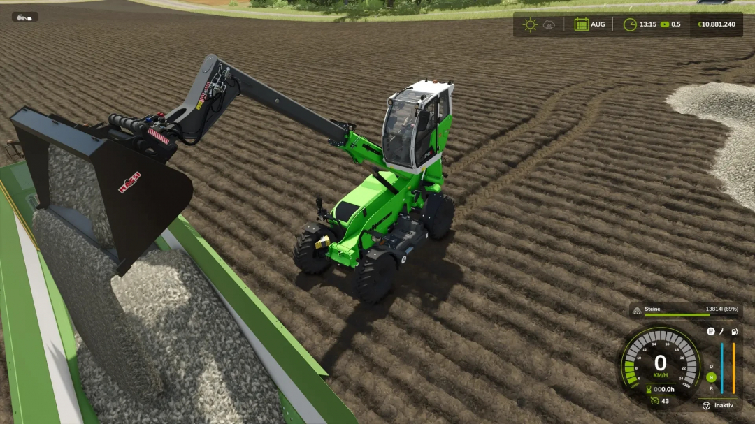 FS25 mod Universal Bucket v1.0.0.0 in action on a field, showcasing a green farm vehicle with an extended arm loading gravel.