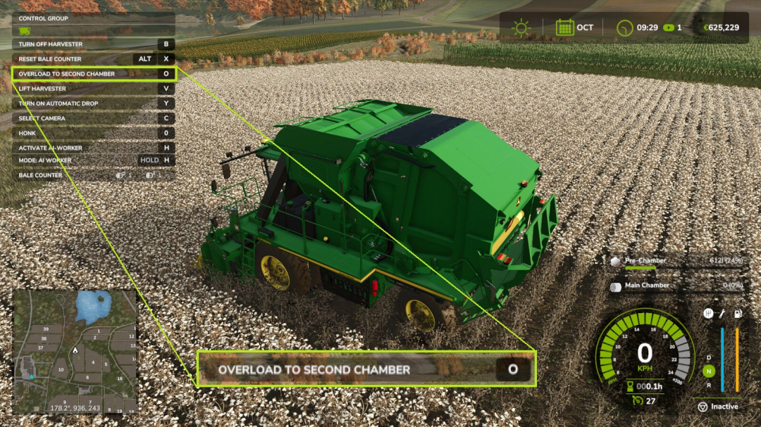 FS25 mod 'Unload Bales Early v1.0.0.0' showing a green harvester in a cotton field with control overlay for second chamber overload.