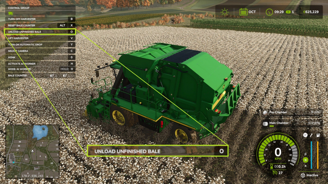 FS25 mod 'Unload Bales Early' interface on green harvester on a cotton field.