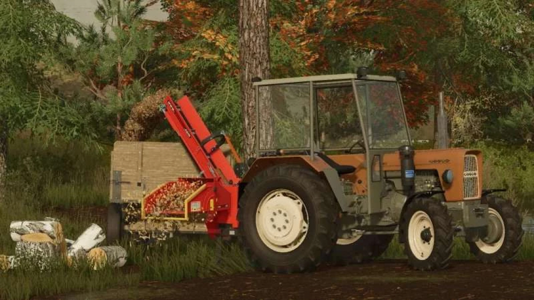 FS22 mods: Ursus C330 tractor with wood-chipping attachment in a forest scene, part of Farming Simulator 22 mods.