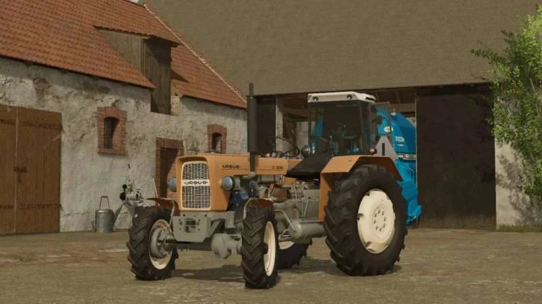 FS22 mods: Ursus C330 tractor near a barn in Farming Simulator 22.