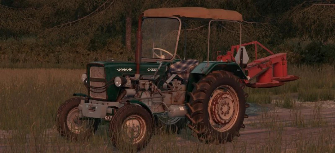 Ursus c330/328 tractor mod for FS22 in a grassy field, styled with vintage design elements. Farming Simulator 22 mods.