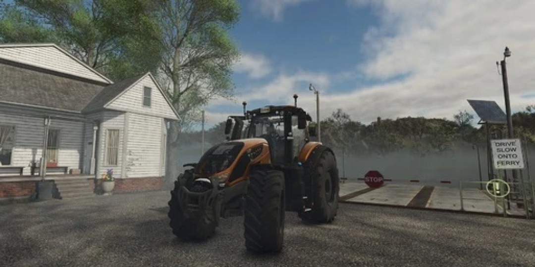 Valtra S-Series tractor in FS22 mod at ferry stop, showcasing enhanced 80 km/h speed.