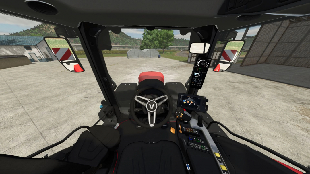 View from inside Valtra Series S Tuned tractor in FS22 mod, showcasing realistic controls and dashboard.