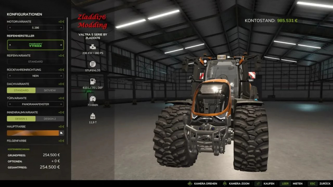 Valtra Series S Tuned tractor in FS22 mod menu, showing 850hp configuration options.