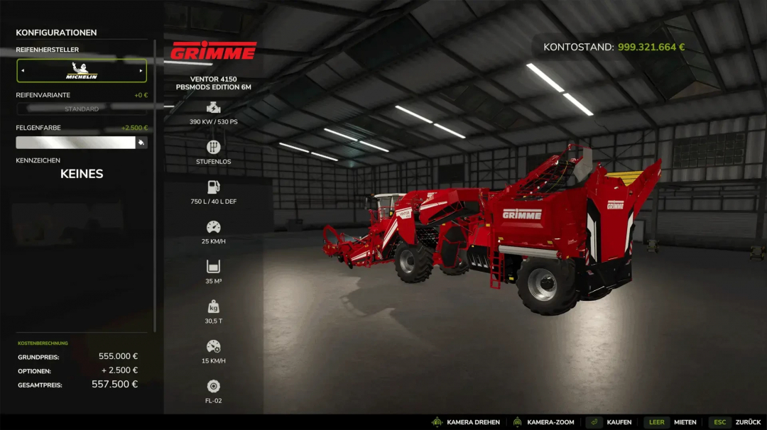 Ventor 4150 PBSMods Edition 6m in FS25 game shop, showing Grimme machine customization options.