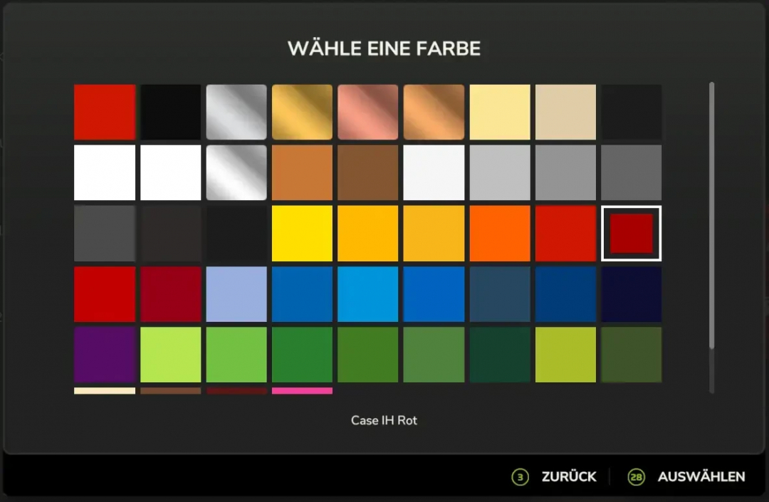 FS25 Ventor 4150 PBSMods Edition color selection interface. Highlighted in red is 'Case IH Rot'.