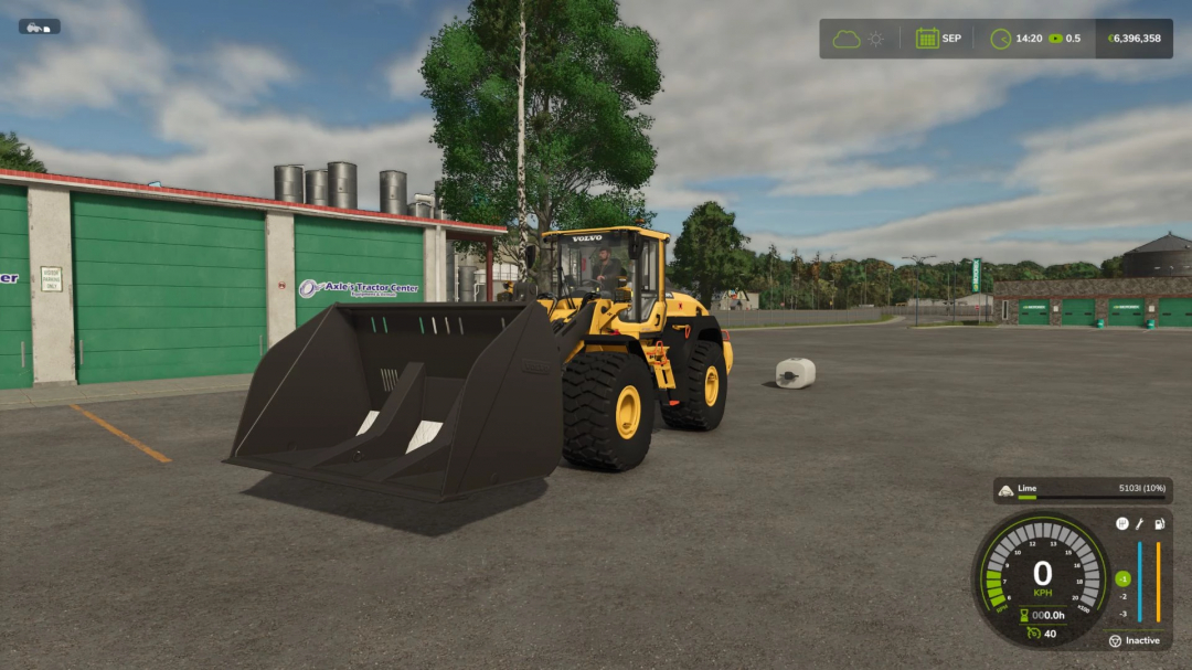 Volvo L120 Bucket mod for FS25 at a tractor center in Farming Simulator 25.