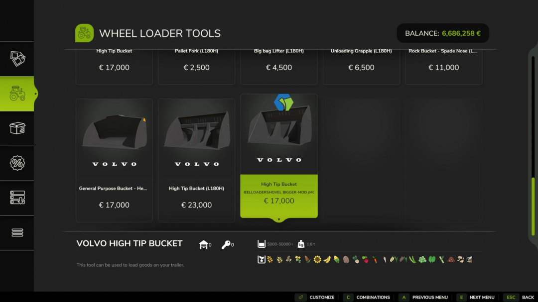 FS25 mod menu showing Volvo L120 Bucket for €17,000, part of wheel loader tools in Farming Simulator 25.