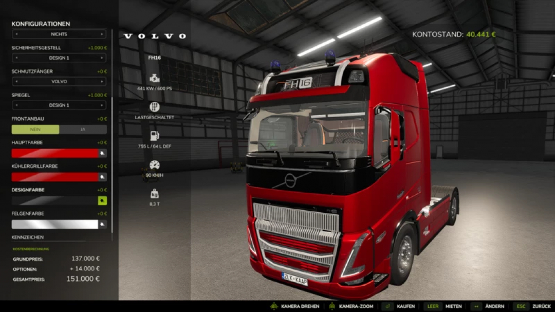 Camión de bomberos Volvo en mods FS25, mostrando opciones de personalización en Farming Simulator 25.