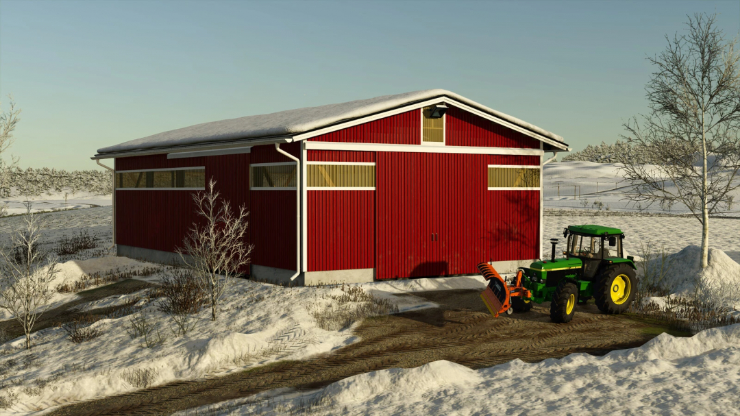 WS11 Machinery Shed mod in FS25 met rode schuur en tractor in besneeuwd landschap.