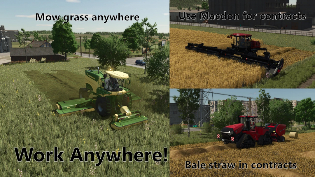 Mod FS25 Work Anywhere v1.0.0.0 che mostra sfalcio, raccolta e imballaggio in Farming Simulator 25.