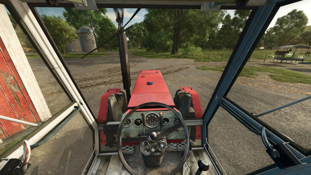 Vista interior del mod tractor Zetor Crystal 16045 en FS25, mostrando el tablero y el paisaje exterior.