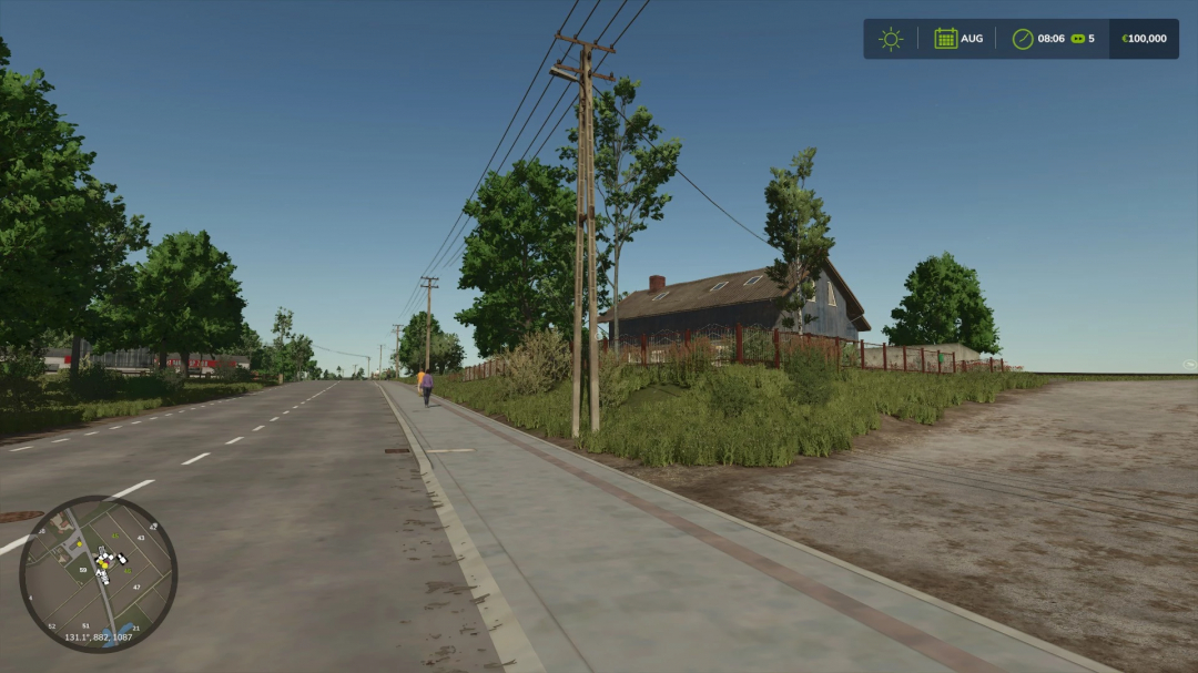 Vue de la route avec maison et arbres dans le mod FS25 Zielonka big fields.