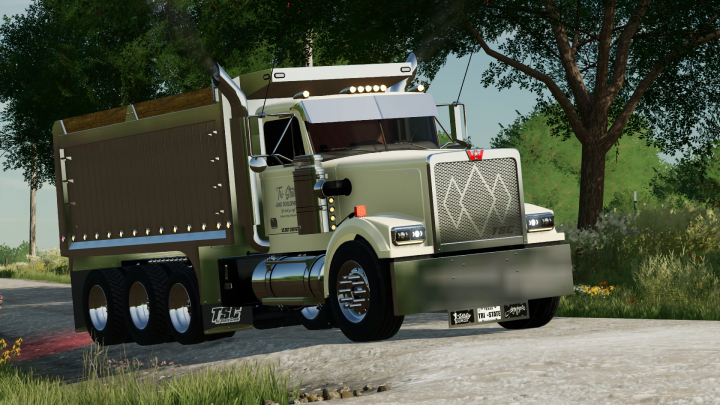 fs22-mods, 1990 Western Star 4964 Tri-Axle truck mod in FS22 game environment, showcasing detailed design and rural backdrop.