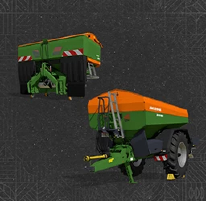 fs25-mods,  Amazone Fertilizer Spreaders mod for FS25, showcasing two green and orange spreaders on a dark background.