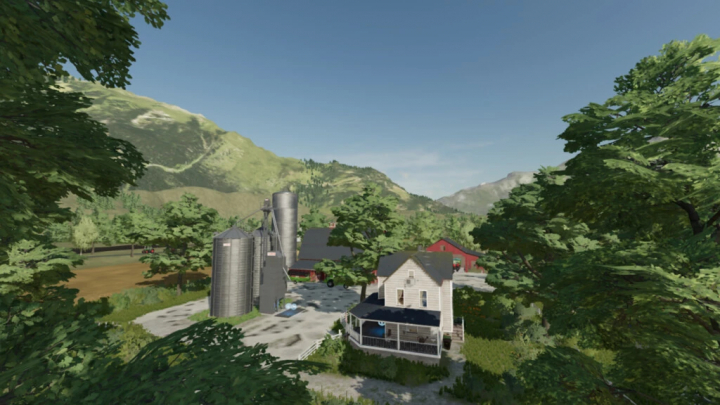 fs22-mods, Scenic farm landscape in FS22 Arkansas Of American mod with silos and farmhouse.