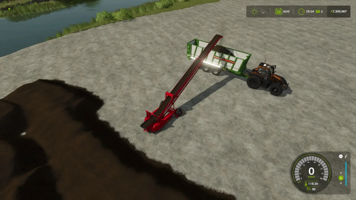 fs25-mods,  Autoload Conveyor Belt v1.0.0.0 mod in Farming Simulator 25, featuring a red conveyor linked to a trailer and tractor.