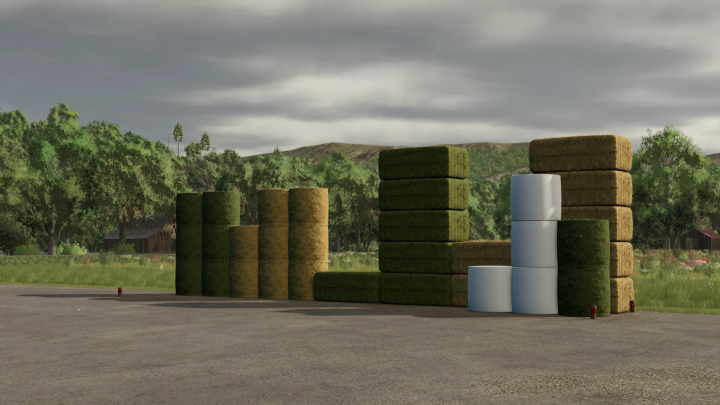 fs25-mods,  Stacked bales of hay in various shapes, part of the Balestorage mod for Farming Simulator 25.