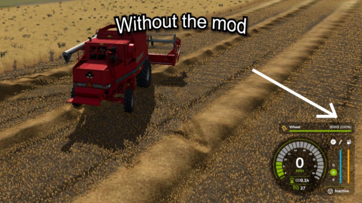 fs25-mods,  Screenshot di FS25 che mostra la capacità senza il mod Better Capacity for Vehicles. Mietitrebbia piena a 8000l.