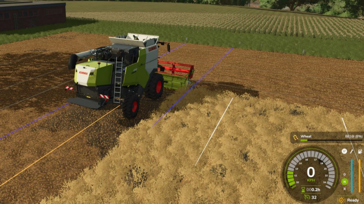 fs25-mods,  Mod FS25 Migliore capacità per veicoli mostra una mietitrebbia in un campo di grano con statistiche migliorate.