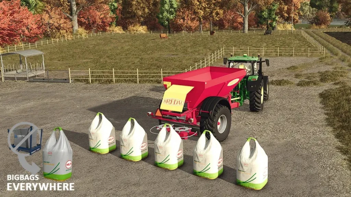 fs25-mods,  FS25 mod BigBags Everywhere v1.0.0.0 showing a tractor with BigBags on a farm.