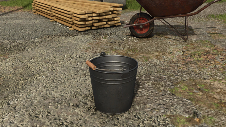 fs25-mods,  Metal bucket mod in FS25 with wood grip, next to planks and wheelbarrow