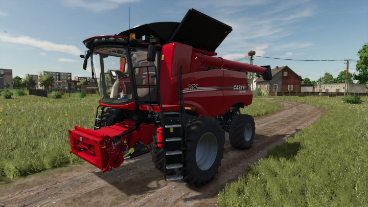 fs25-mods,  Mod Case IH Axial Flow 7150 dans Farming Simulator 25, présenté sur un chemin de terre en milieu rural.