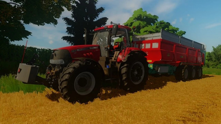 fs22-mods,  Mod Case IH Pack v1.0.0.0 no FS22 com um trator vermelho e reboque em um campo.