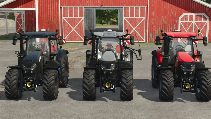 fs25-mods,  Three Case IH Puma 185-240 tractors parked with a barn backdrop in FS25 mod.