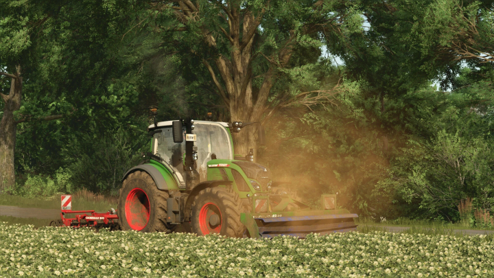 fs25-mods,  Ceres GC600 mod in FS25, a tractor cultivating a lush field surrounded by trees.