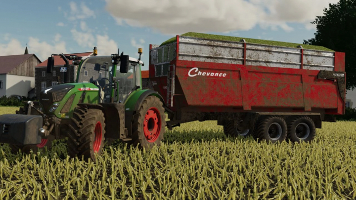 fs22-mods,  FS22 mod Chevance FarmerGV wagon attached to a tractor in a field, Farming Simulator 22 mods showcase.