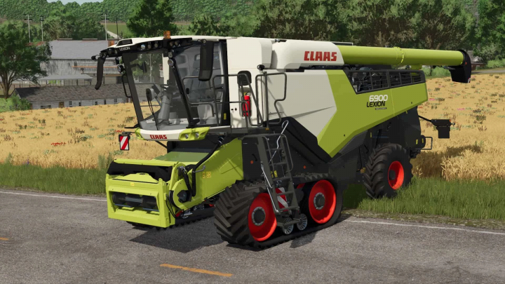 fs25-mods,  FS25 mod Claas Lexion 6900/8000 colheitadeira na estrada, visão externa detalhada.