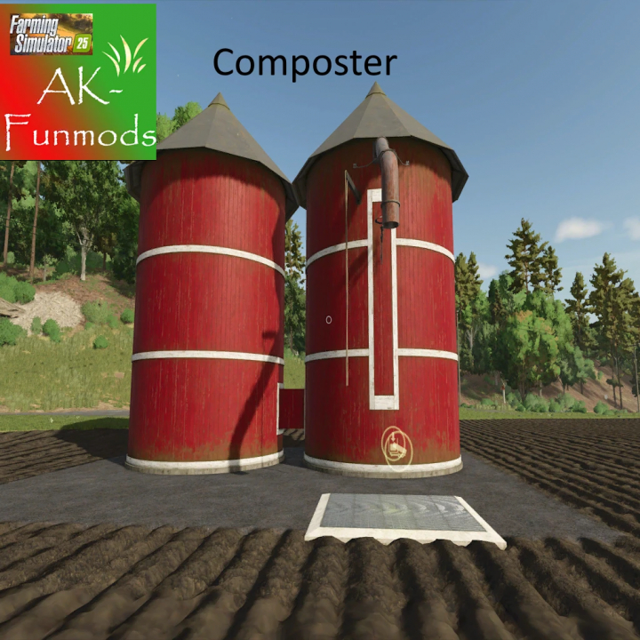 fs25-mods,  FS25 Composter 1.0 mod showcasing red silos in a farm setting.