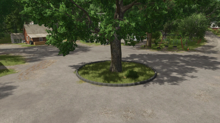 fs25-mods,  FS25 mod Concrete Ring Pack v1.0.0.0 showcases a large tree surrounded by a concrete ring in a rural setting.