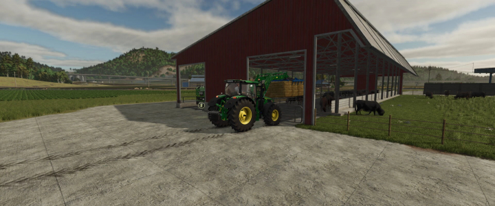 fs25-mods,  FS25 mod Cowbarn Oldenfarm edition v1.0.0.0 featuring a tractor loading hay bales in a barn with cows grazing nearby.