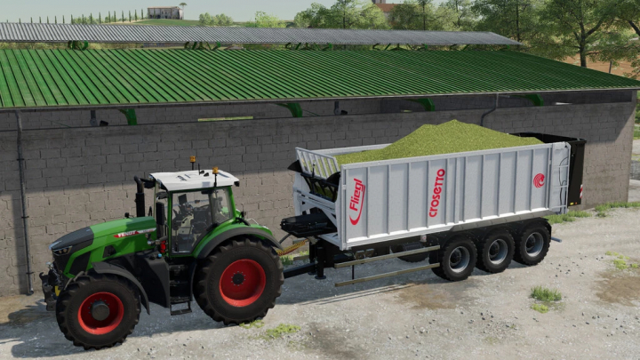 fs22-mods,  FS22 Mod: Crosetto CMD + Fliegl ASW Pack v1.0.0.1 mit Traktor und Anhänger, der landwirtschaftliche Geräte zeigt.