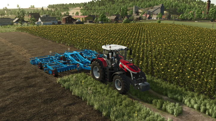 fs25-mods,  FS25 mod Cultivator Field Creator v1.0.0.0 showing a red tractor cultivating a large field near a village.