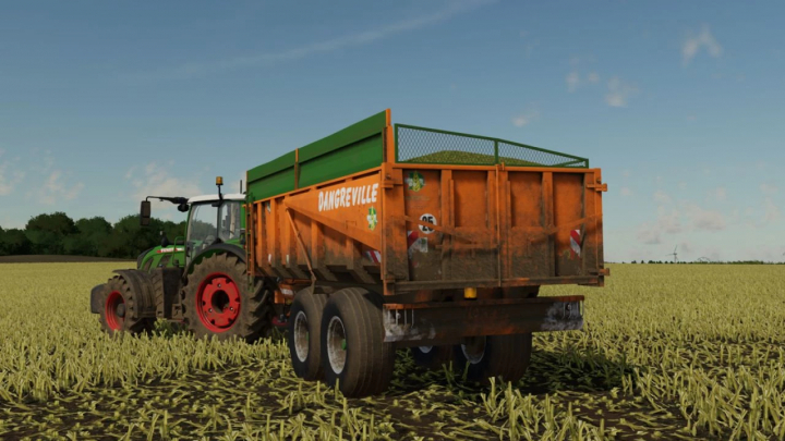 fs22-mods, Dangreville BB18T trailer mod in FS22, attached to a tractor in a field.