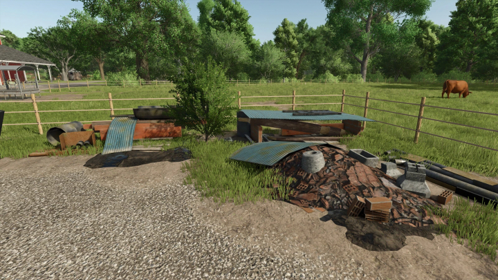 fs25-mods,  FS25 mod image showing farm debris with scattered metal sheets and bricks.