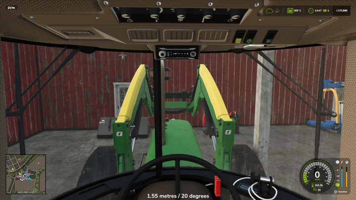 fs25-mods,  Innenansicht eines Traktors mit Display für Werkzeugposition Mod in FS25, zeigt Ausrichtungsmetriken an.